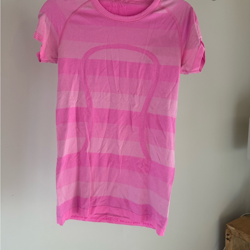 lululemon athletica Pink Striped Mesh Short Sleeve Top